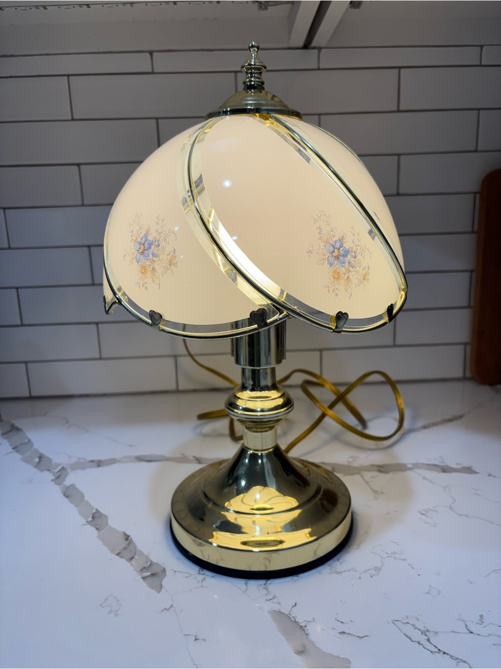 Classic Brass Table Lamp with Cream Floral Shade